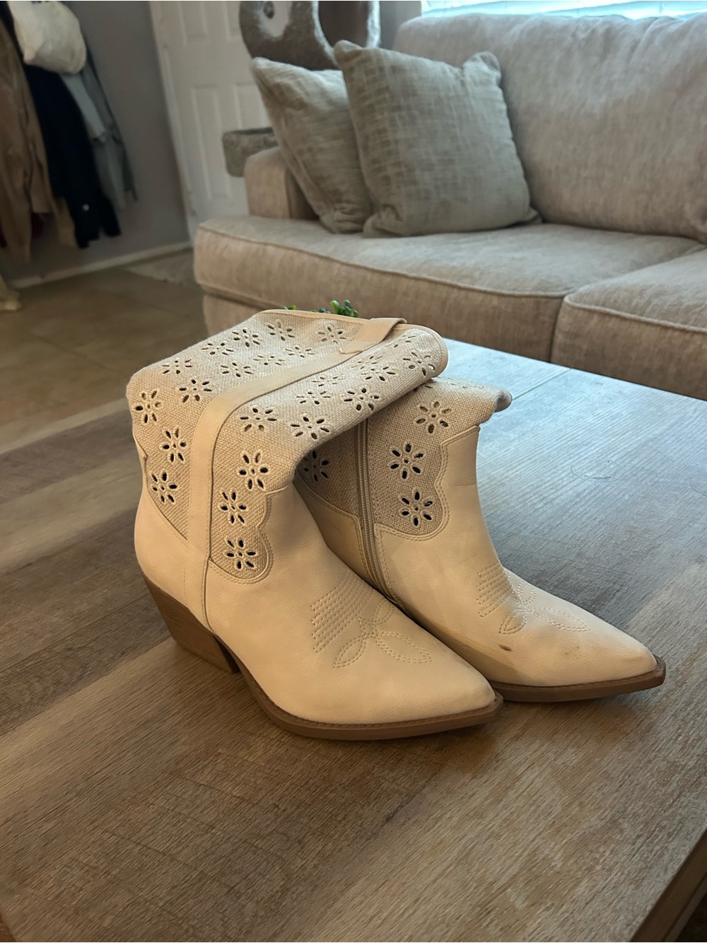 Women’s Cream Perforated Western Ankle Boots
